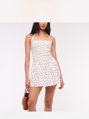 Abercrombie & Fitch White Halter Mini Dress with Black Polka Dots